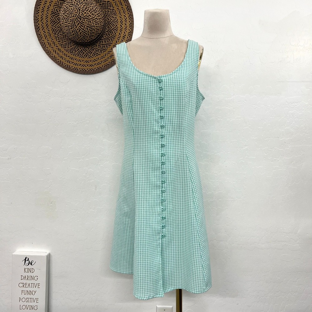 Retro cottage-core green white gingham mini dress L lace tie cinch waist buttons